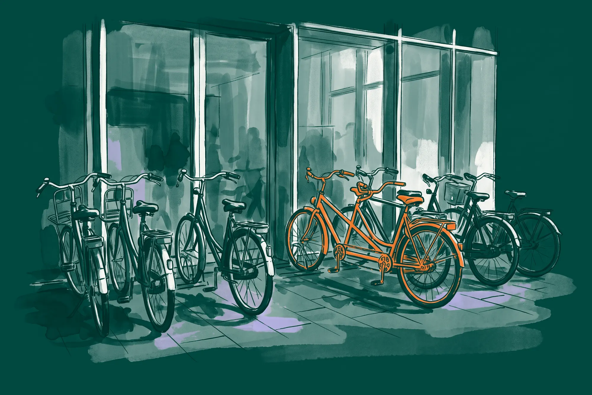 An orange tandem among ordinary city bikes in the bike rack outside a glass office entrance.