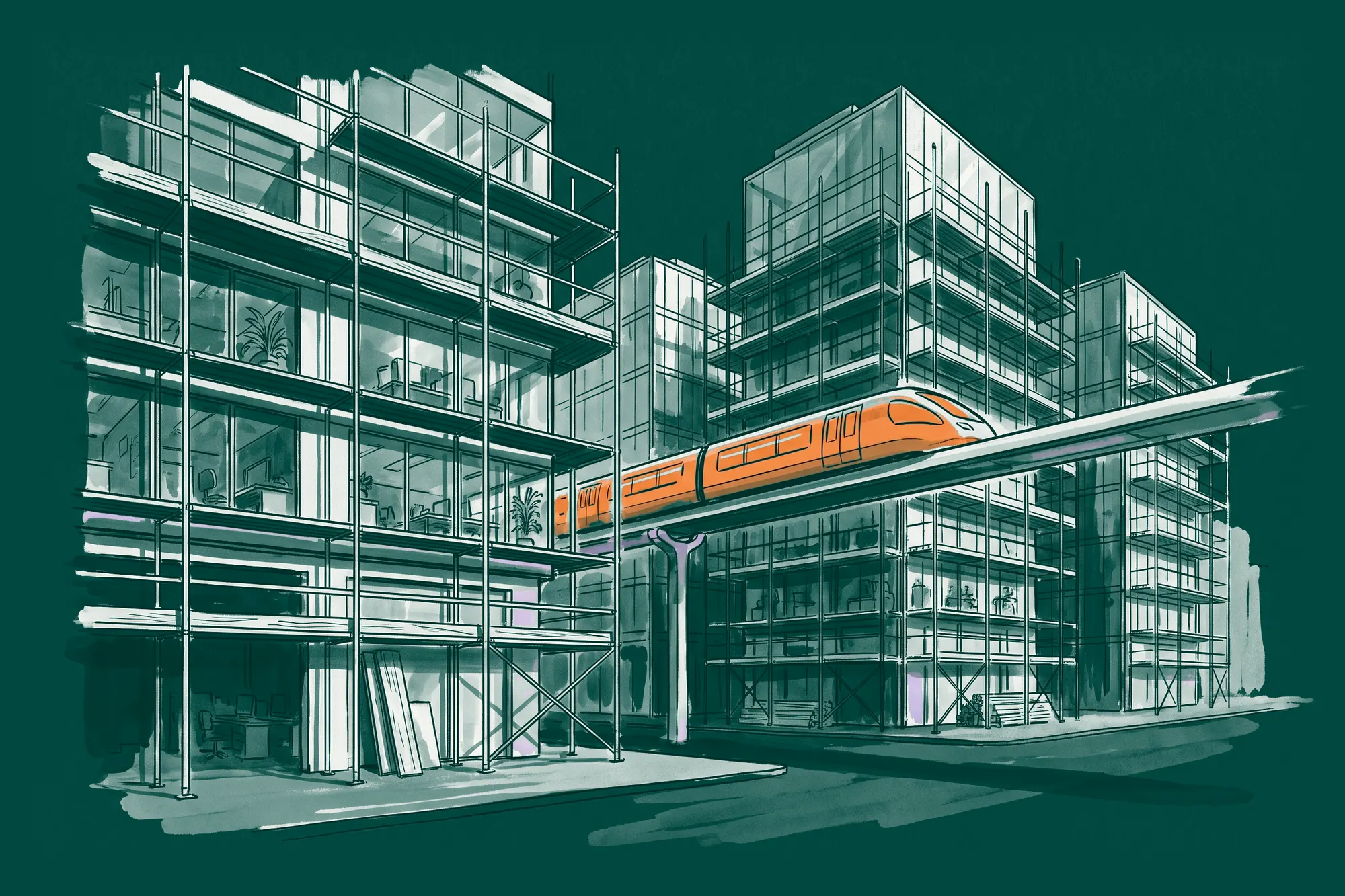 Glass office towers on Amsterdam's Zuidas being refitted while their floors stay in use, with an orange train of the future gliding between them on an elevated track.