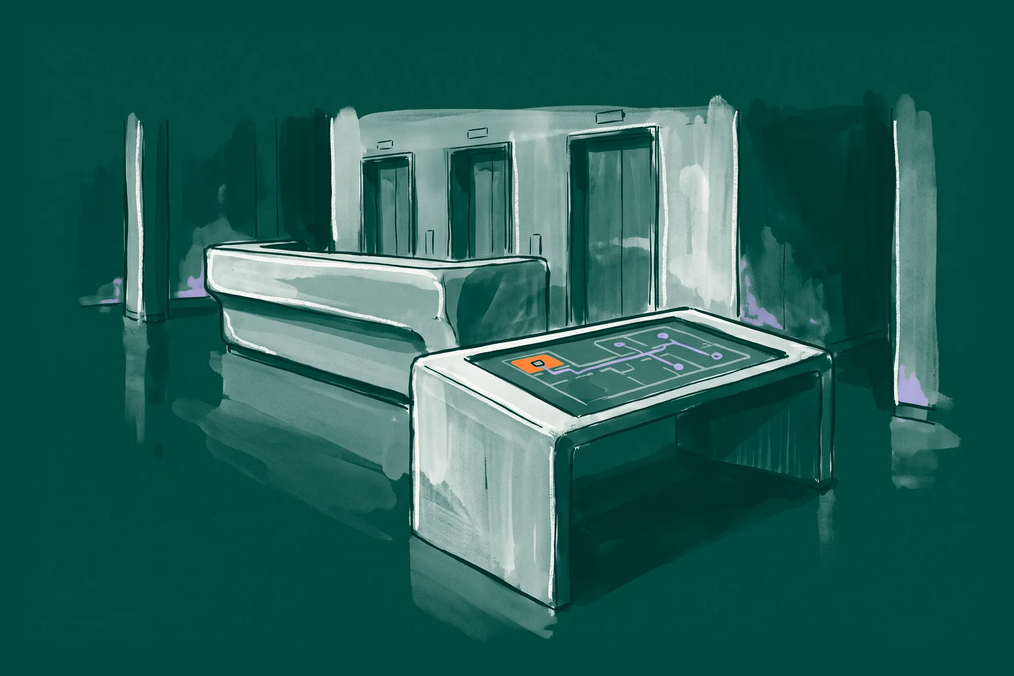 A law firm's entrance lobby with a wayfinding table showing a floor plan, the first stop on the route in orange.