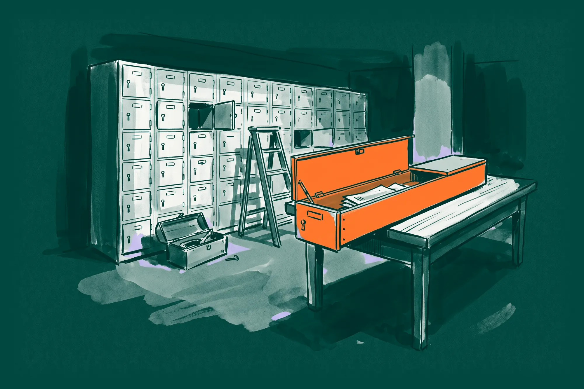 An orange safe-deposit box open on a table with papers inside, in front of a wall of deposit boxes being refitted.