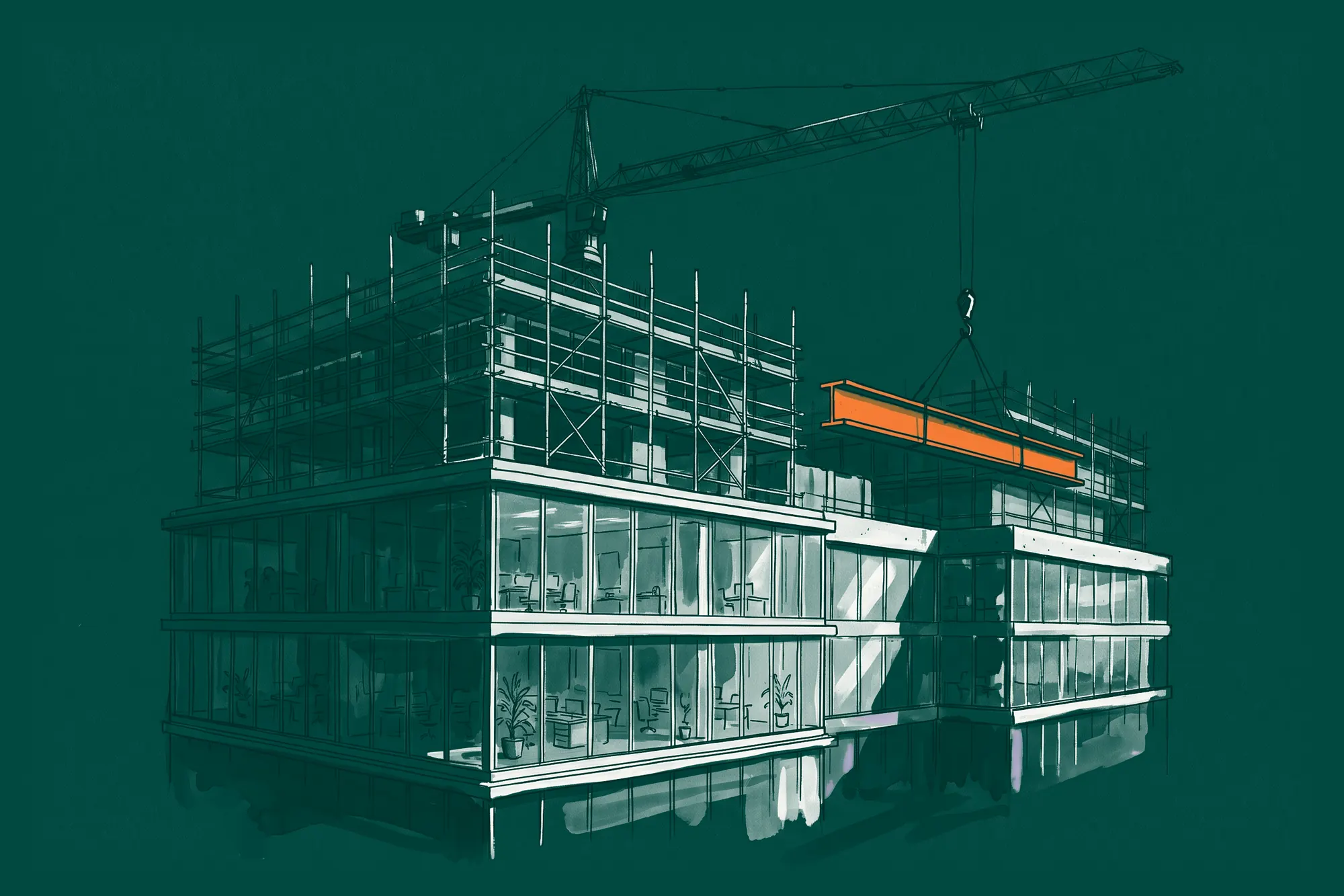 An office building in use, with two new floors going up on the roof and a crane lowering an orange beam.