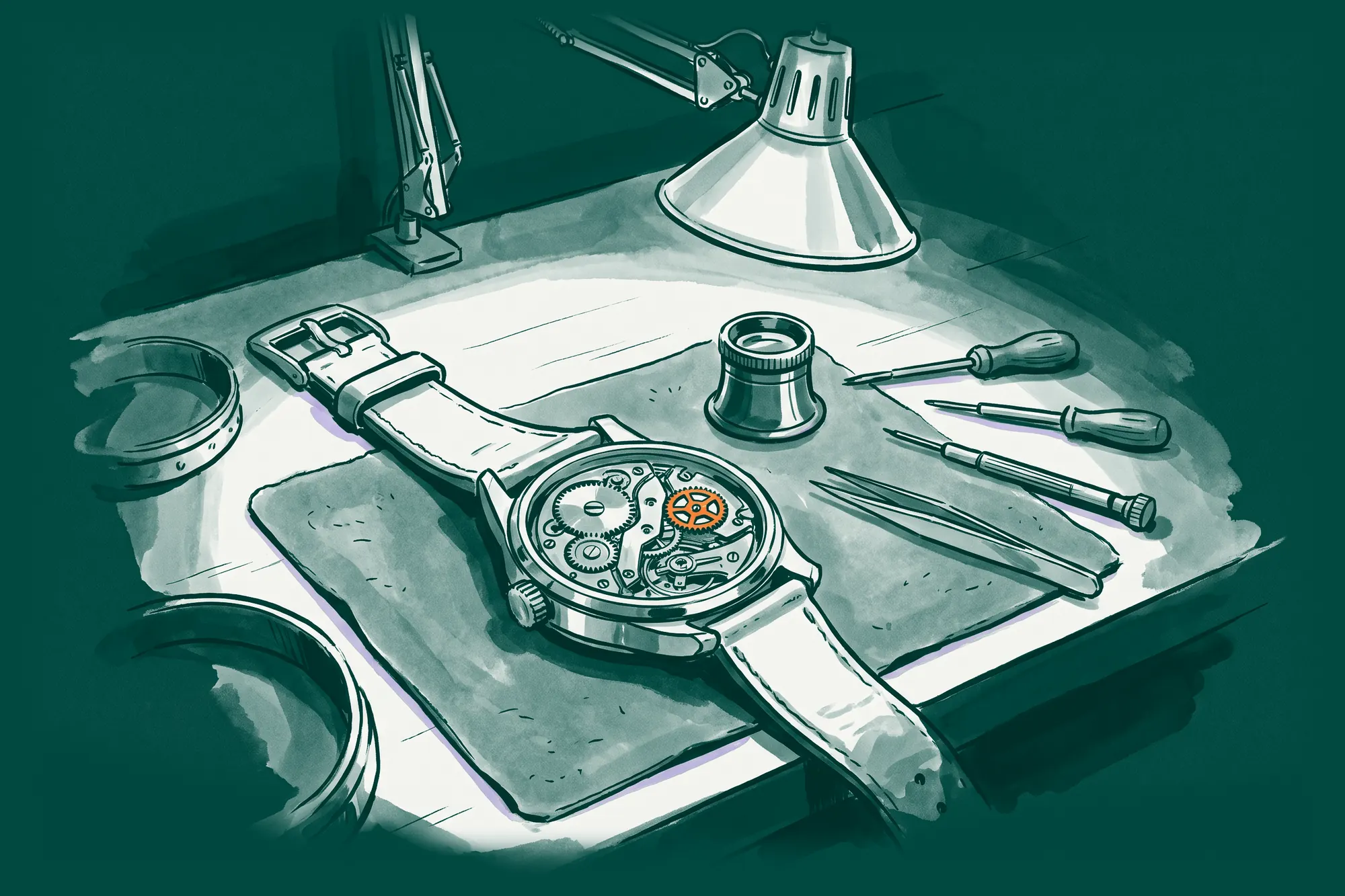 A watchmaker's bench with an open mechanical watch, one of its gears in orange, beside a loupe and fine tools.
