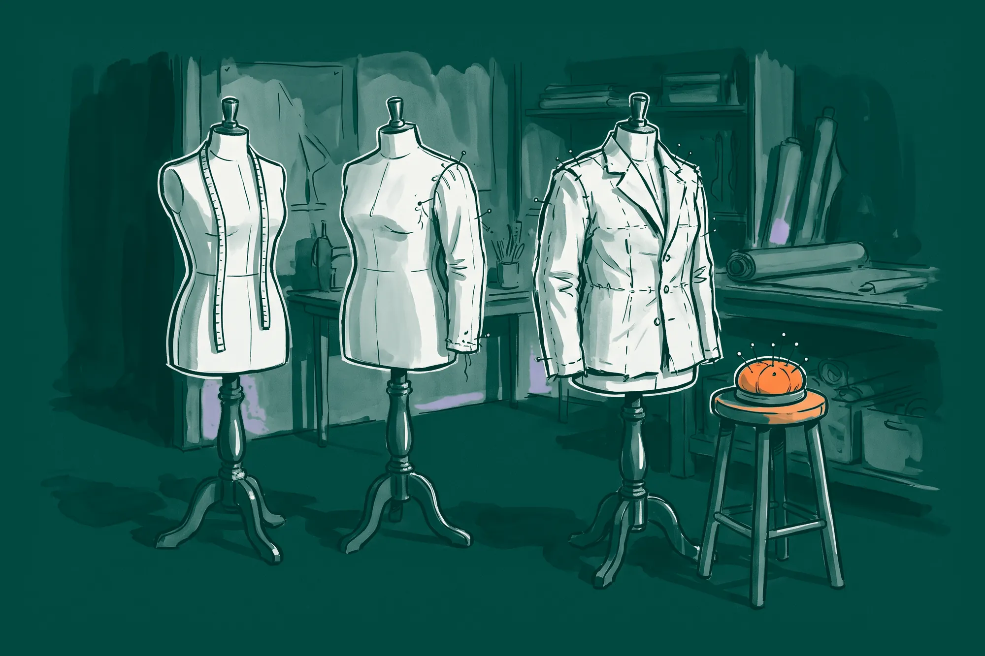 Three tailor's dress forms, one with a measuring tape, one with a pinned sleeve and one in a full cotton mock-up, beside an orange pincushion.