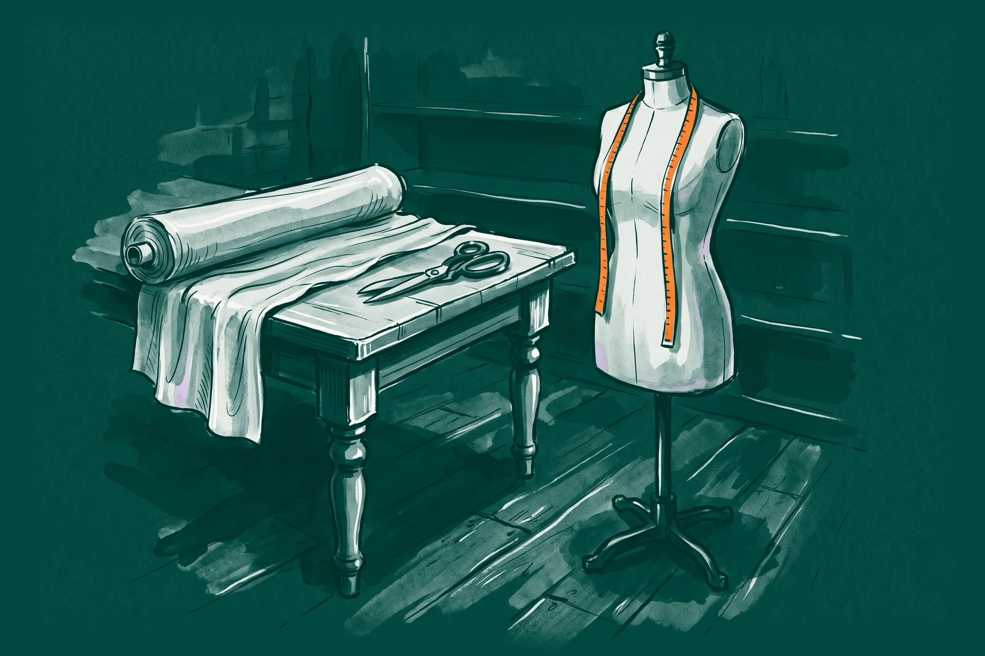 A dress form with an orange measuring tape round it, beside a cutting table with a roll of cloth and closed shears.