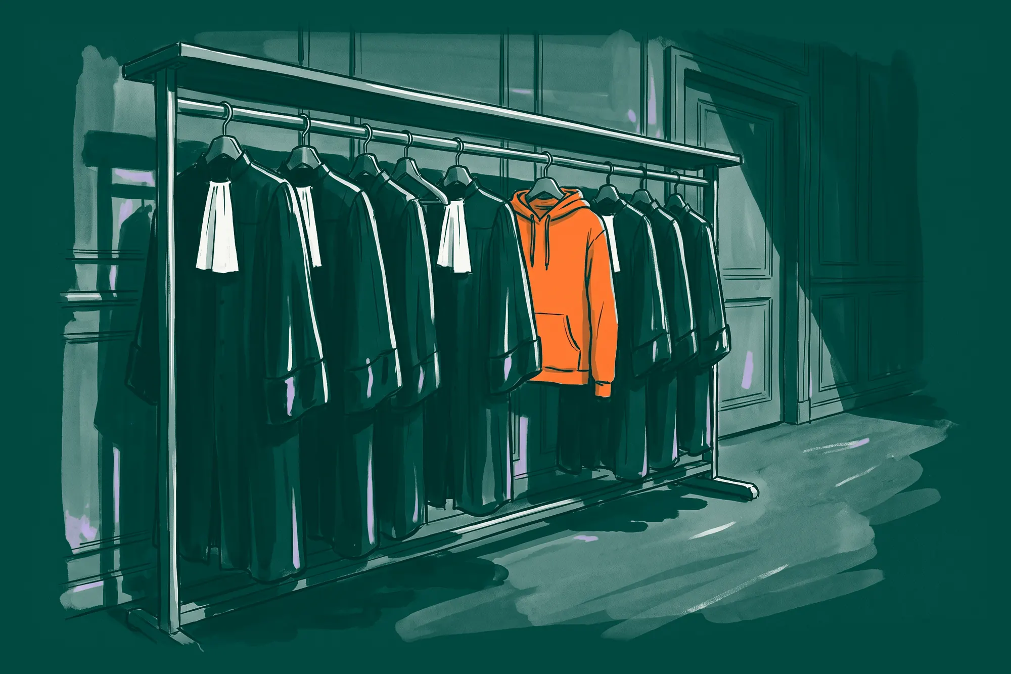 A rack of black advocates' togas with white bands, and one orange hoodie hanging among them.
