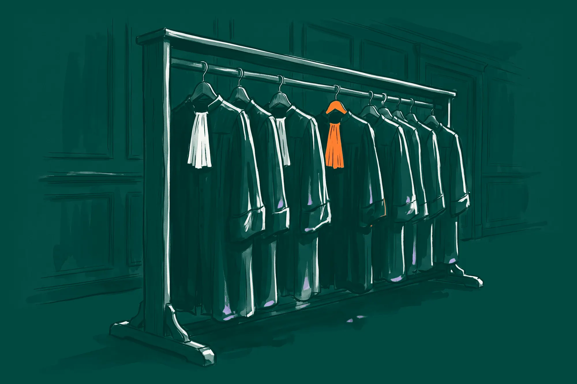 A rack of black advocates' togas with white bands, one with its bands in orange.