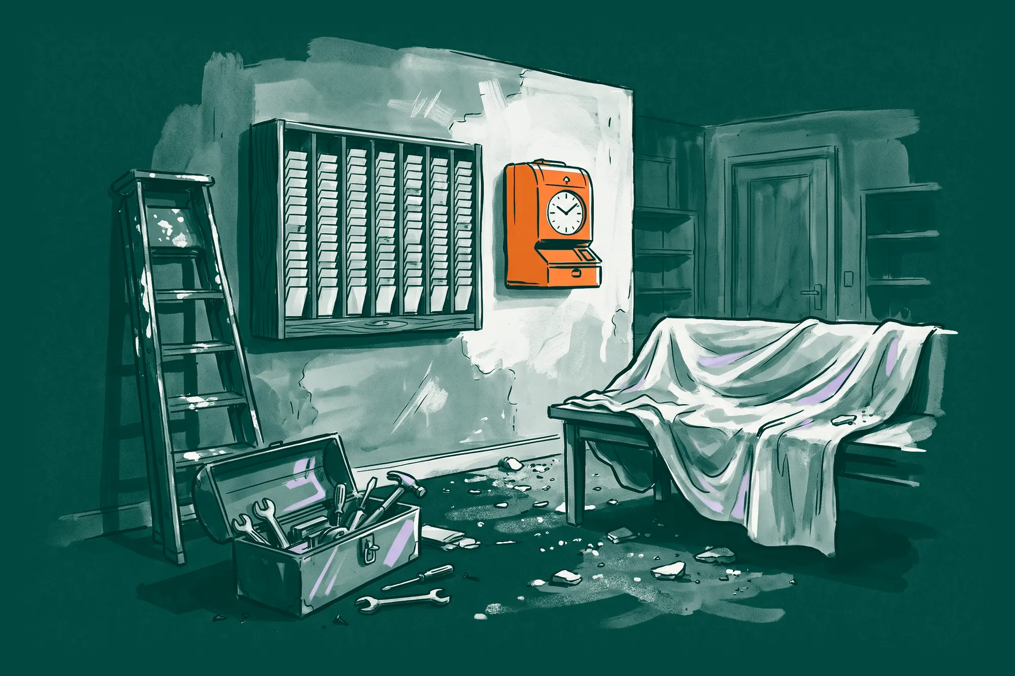 The employment team's room being refitted, with an orange time clock and a full rack of punch cards on a freshly plastered wall.