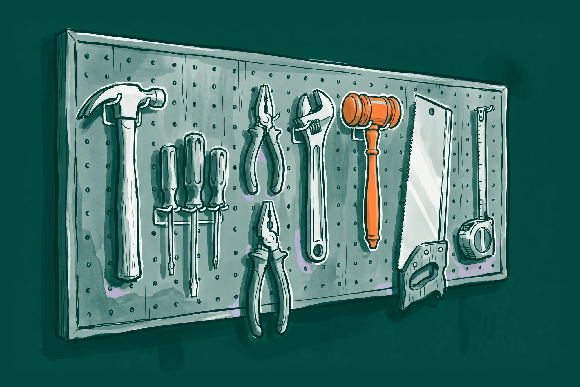 A workshop pegboard of hammer, screwdrivers, pliers, spanner, saw and tape measure, with an orange gavel hanging among them.