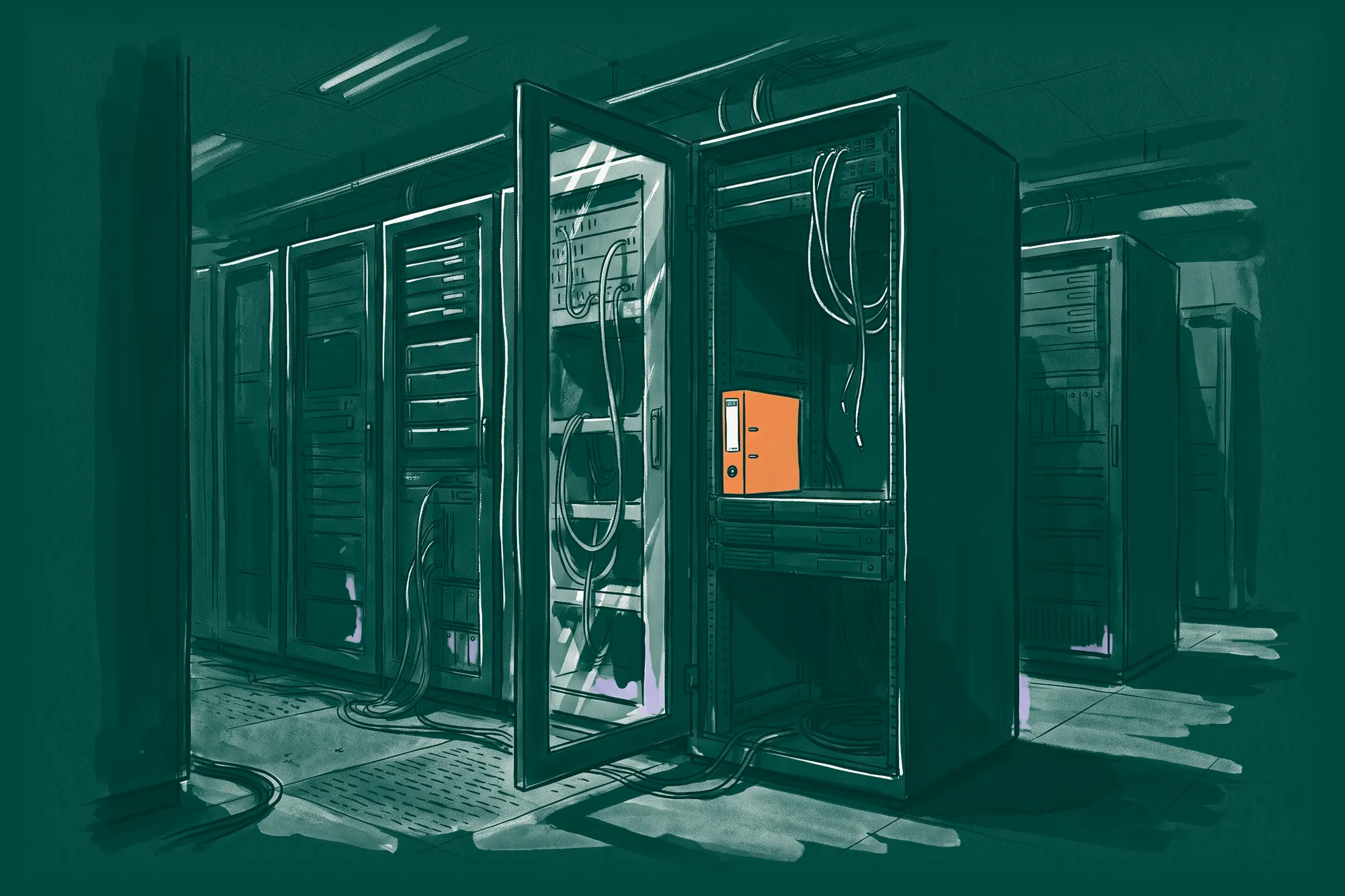 An orange ring binder slotted between the servers in an open server rack.