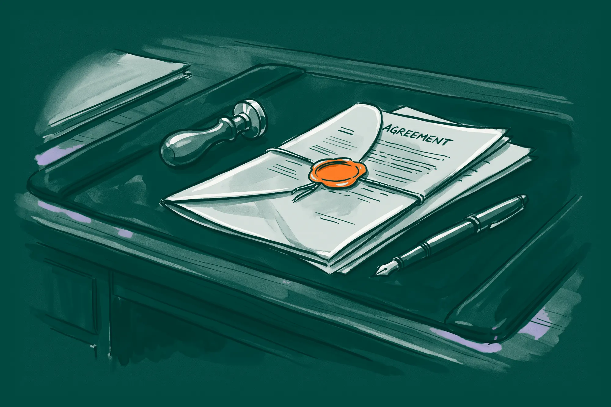 An agreement closed with an orange wax seal on a desk, with a brass seal stamp and a fountain pen beside it.