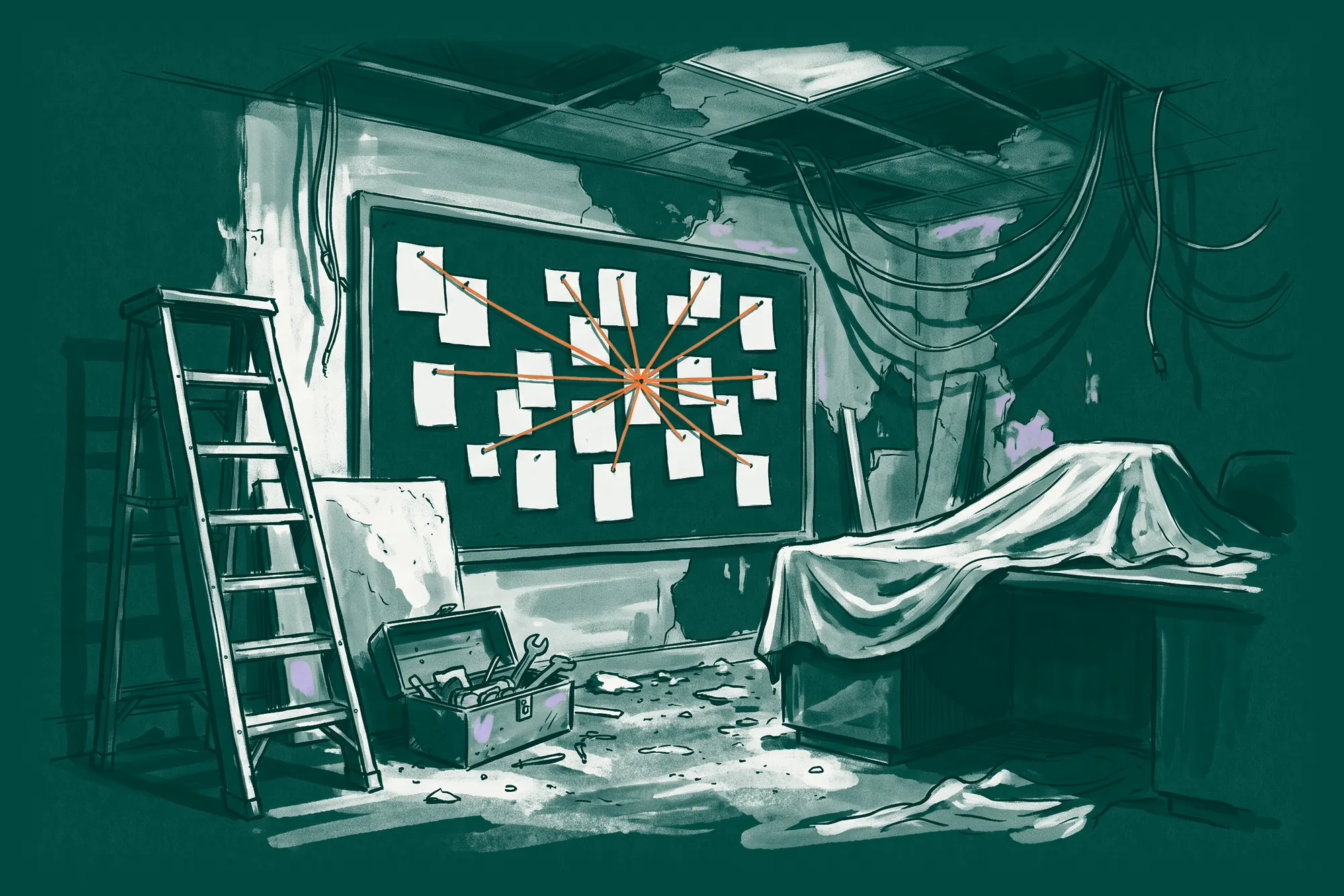 A case room being rebuilt around an evidence board of pinned cards joined by orange string, with a ladder, a toolbox and debris.