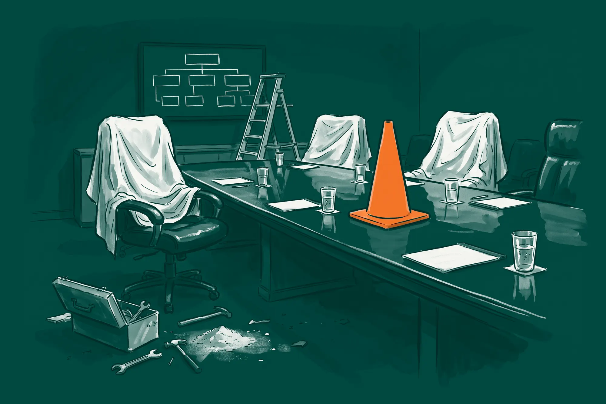 A boardroom halfway through a refit, chairs under dust sheets, a toolbox on the floor and an orange traffic cone on the table.