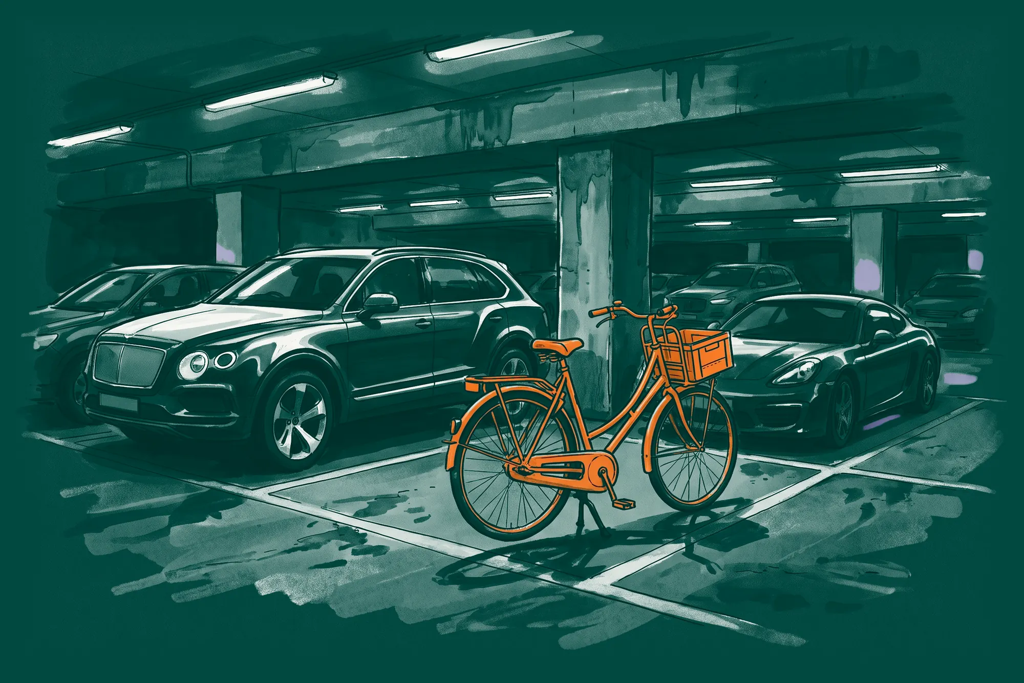 An orange Dutch city bike parked in a car bay between a large SUV and a sports car, in an underground car park.