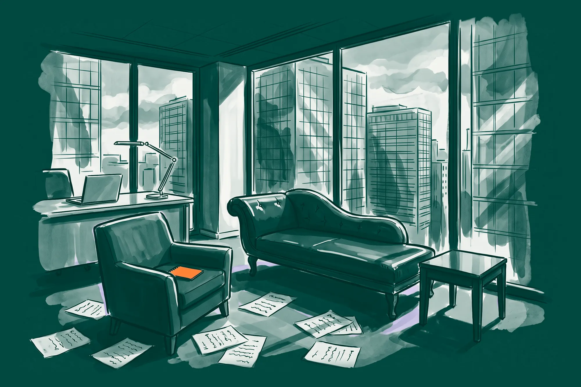 A therapist's couch and an armchair in a glass corner office, an orange notepad on the chair and pages of notes on the floor.