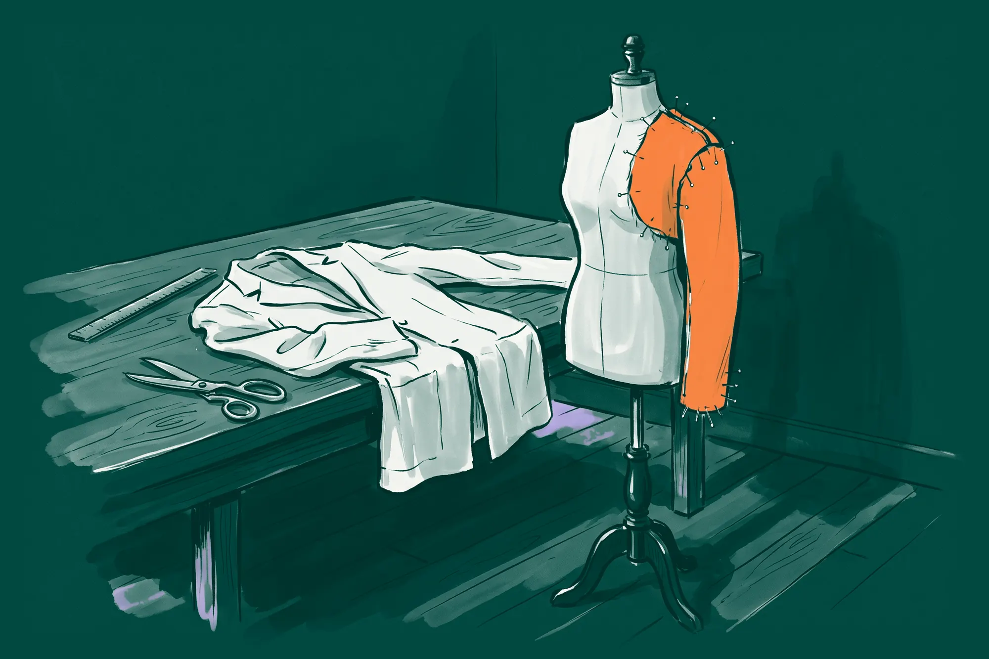 A dress form with one orange sleeve pinned on, the rest of the jacket lying flat on the table.