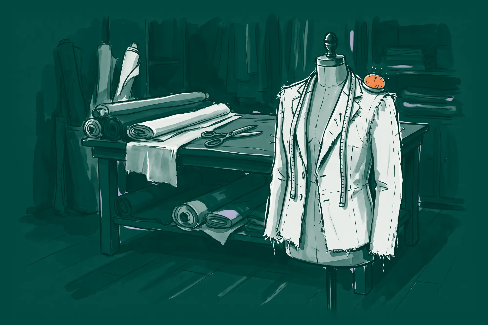 A rough cotton jacket mock-up full of pins on a dress form, with an orange pincushion on its shoulder.