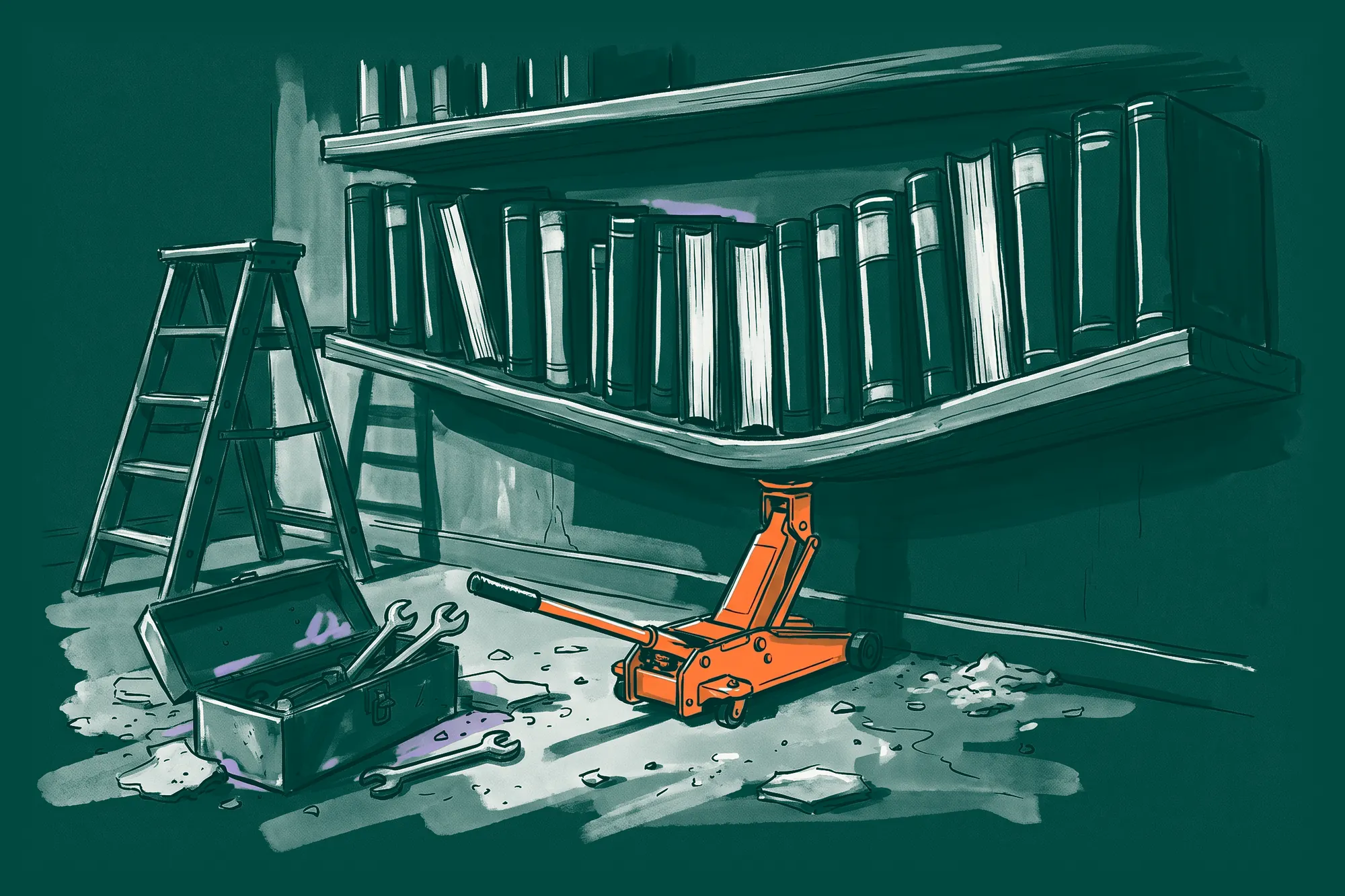 A long shelf of rulebooks sagging under their weight, held up by an orange car jack, in a room being refitted.