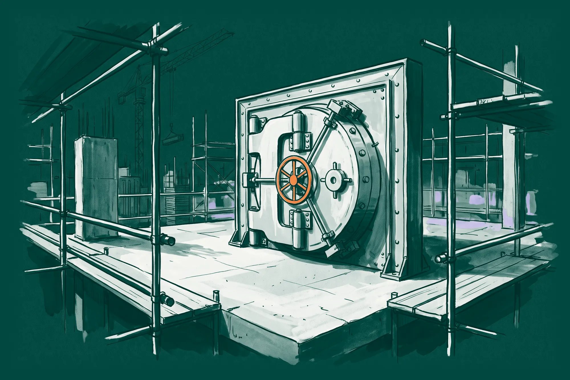 A round bank-vault door with an orange handle wheel, already fitted on the bare concrete floor of a new office tower, before its walls go up.