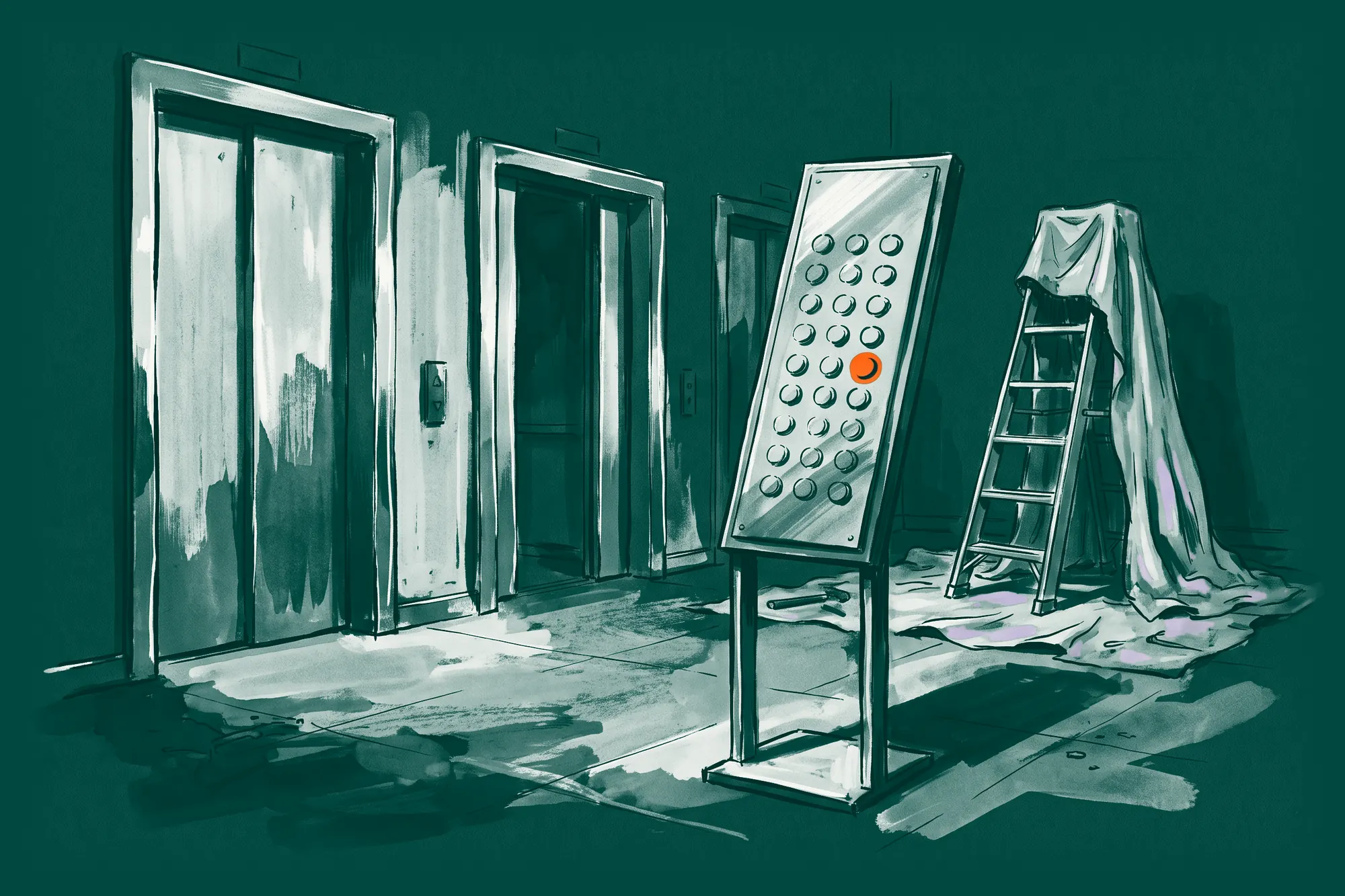 A lift lobby being refitted, with a floor-selection panel beside the lifts and one orange button pressed.