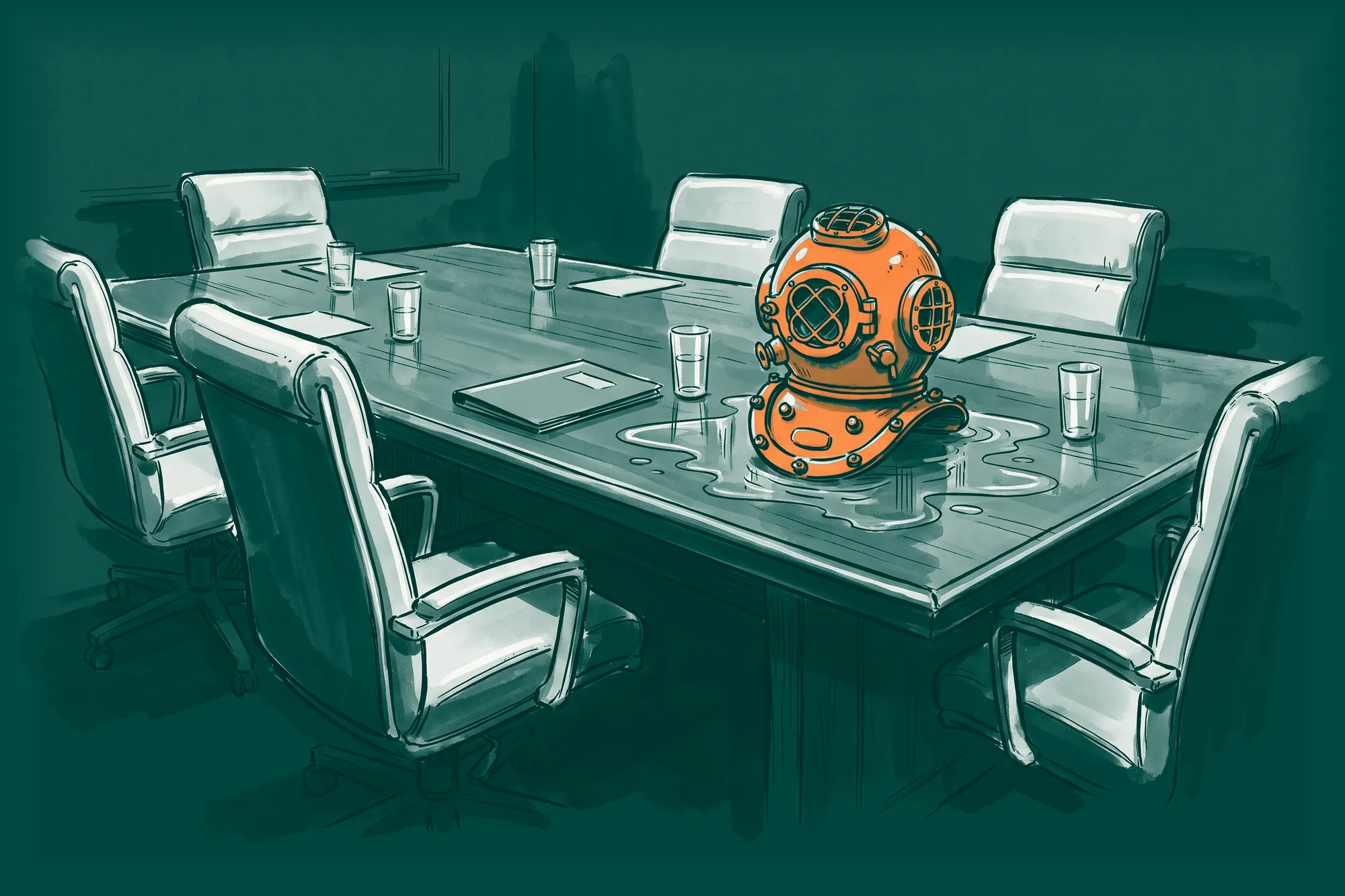 An old orange diving helmet standing in a small puddle on a boardroom table.