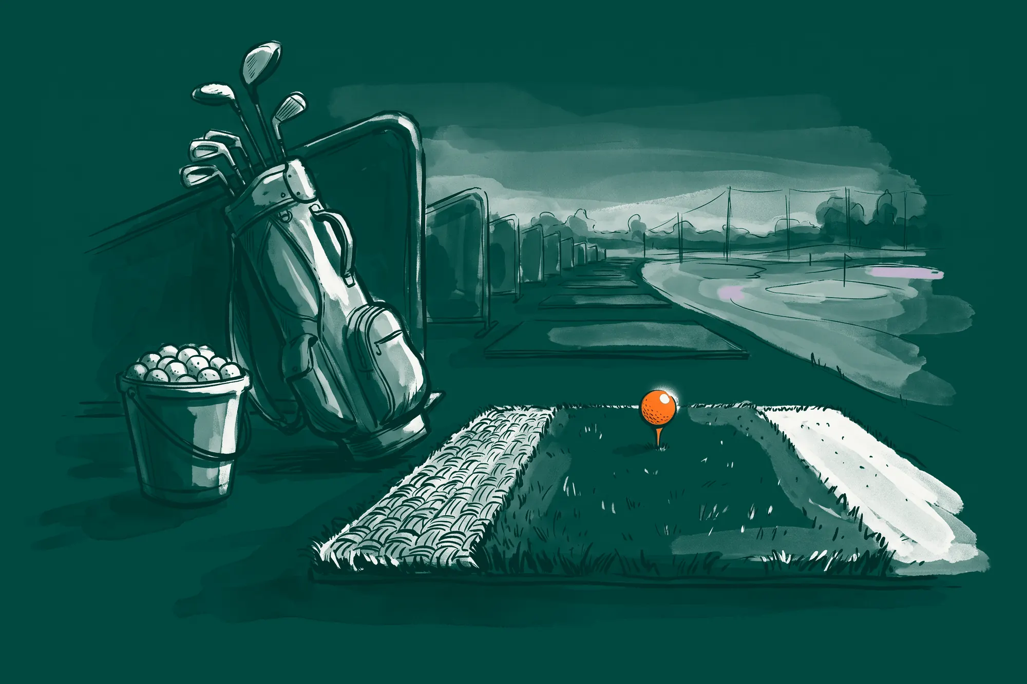 A golf driving-range bay with a bag of clubs, a bucket of balls and an orange ball on the tee.