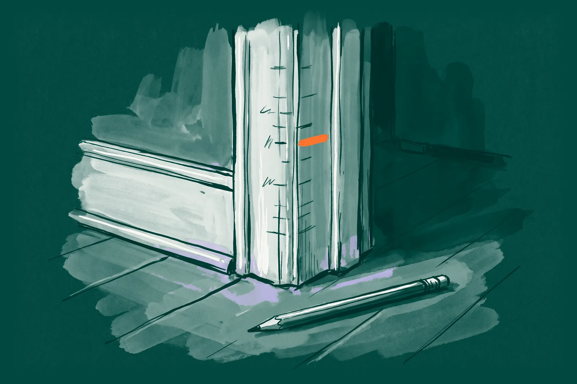A doorframe with pencil height marks, the newest one in orange.