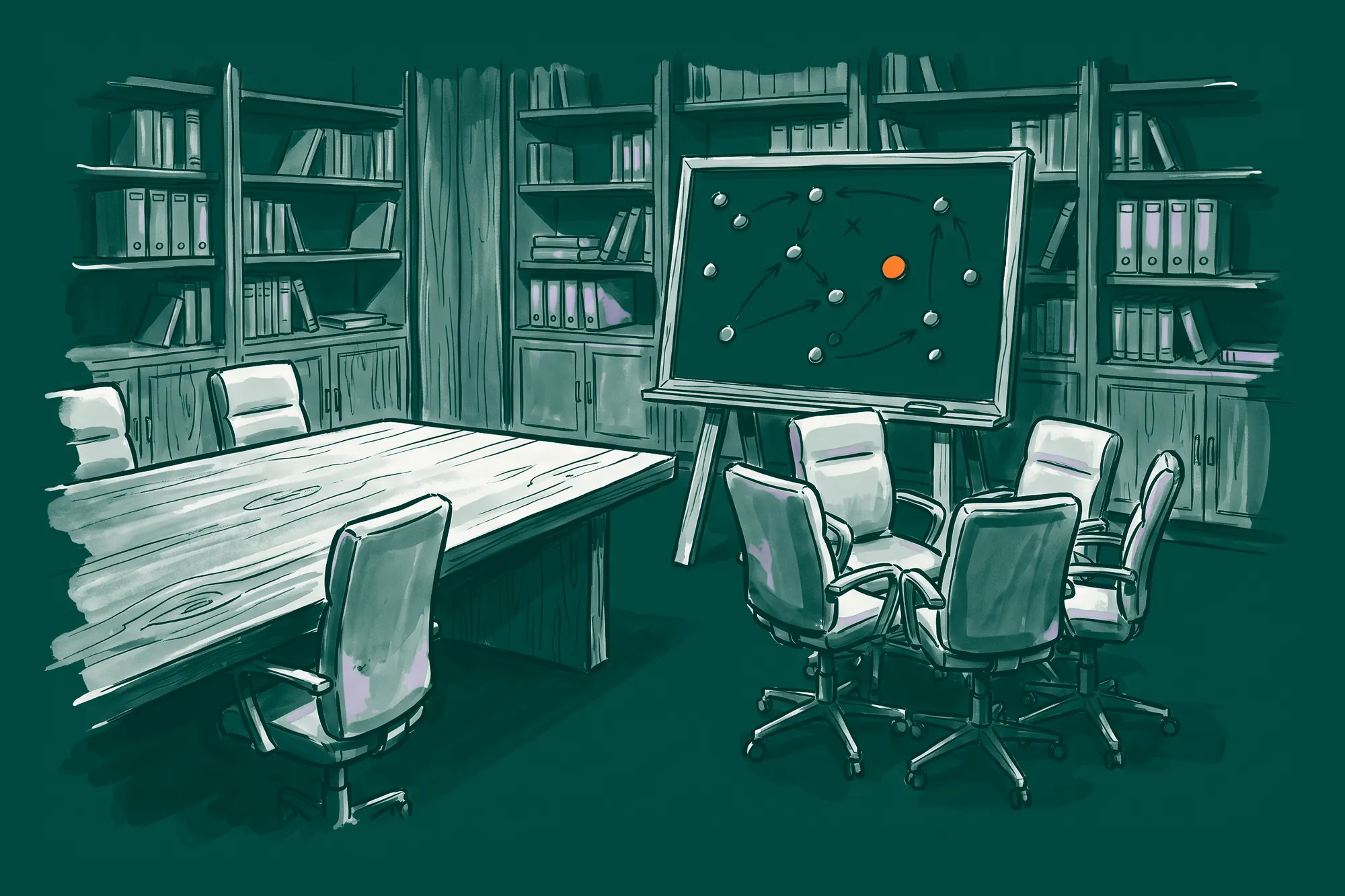 Office chairs pulled into a huddle in front of a tactics board in a law firm meeting room, one magnet in orange.